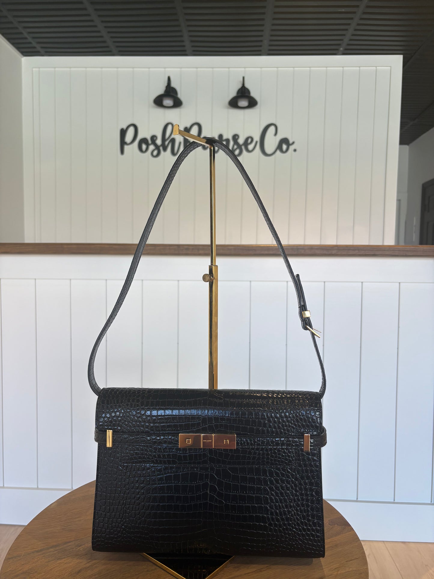 Saint Laurent Manhattan Croc-Embossed Leather Handbag