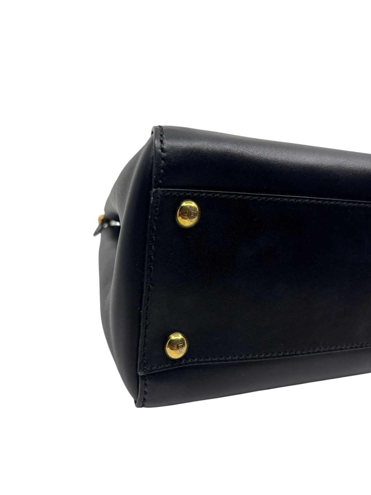 Posh Purse Co black leather Fendi Medium Peekaboo handbag base with gold-tone protective feet