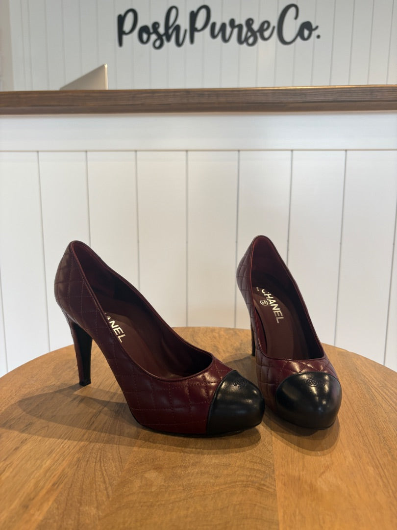 Burgundy Chanel Quilted Chanel Heels, 37.5
