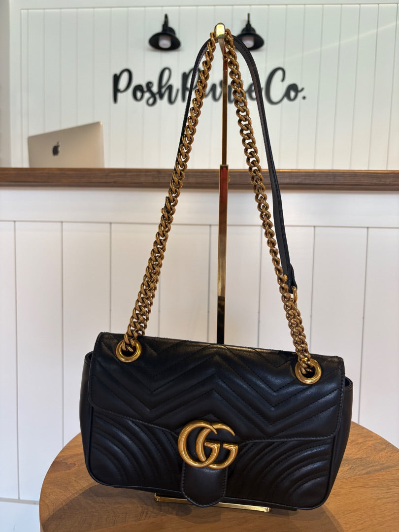 Black Gucci Calfskin Matelasse GG Marmont Bag