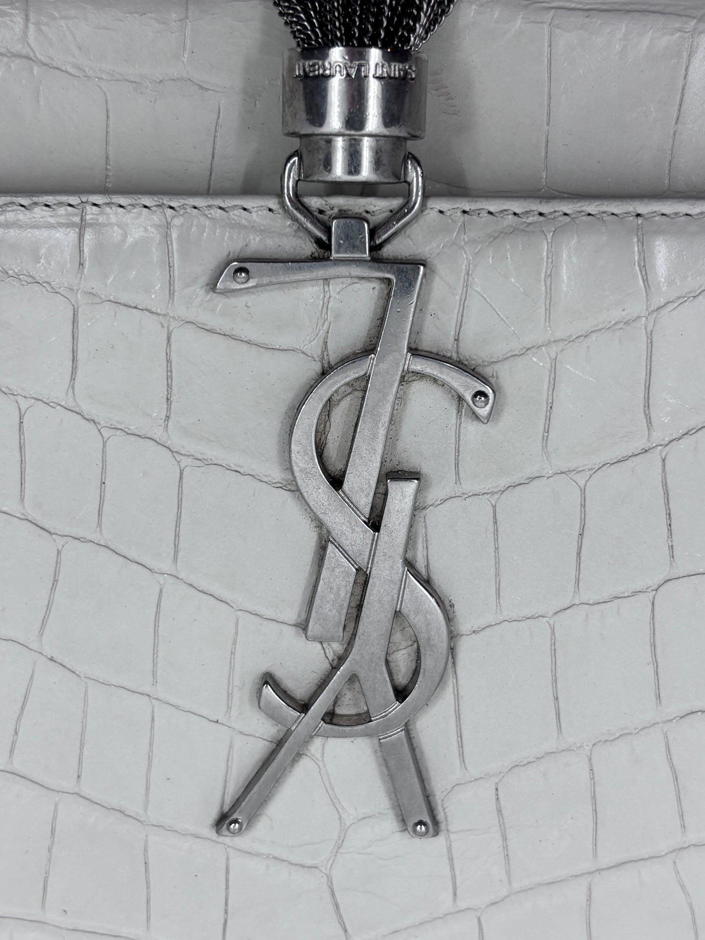 White YSL Croc Embossed Kate