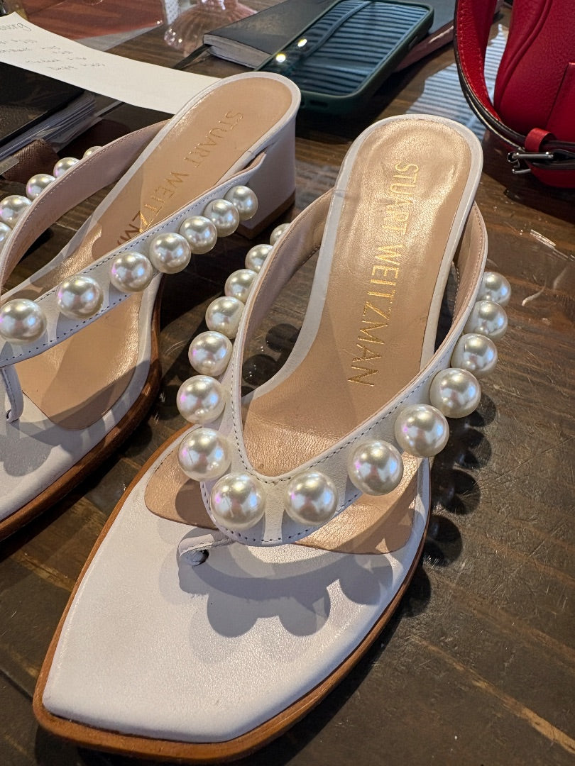 White Stuart Weitzman Faux Pearl Thong, 5.5