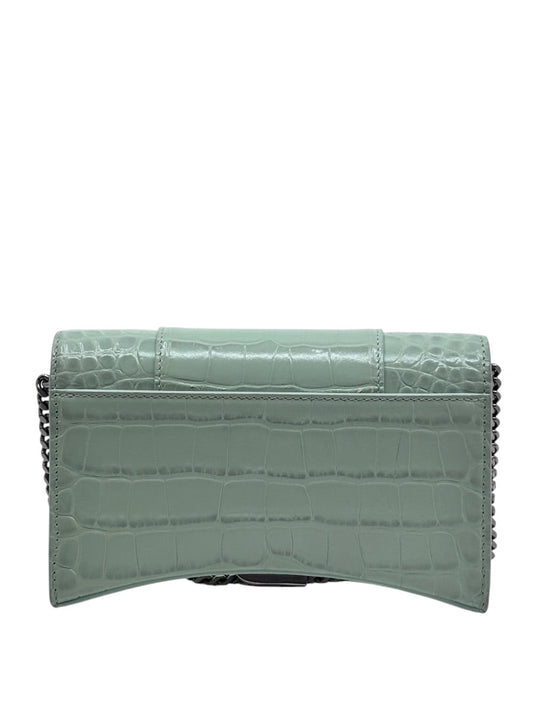 Posh Purse Co Balenciaga Hourglass chain bag in sage green croc-embossed leather with a curved base and chain strap.