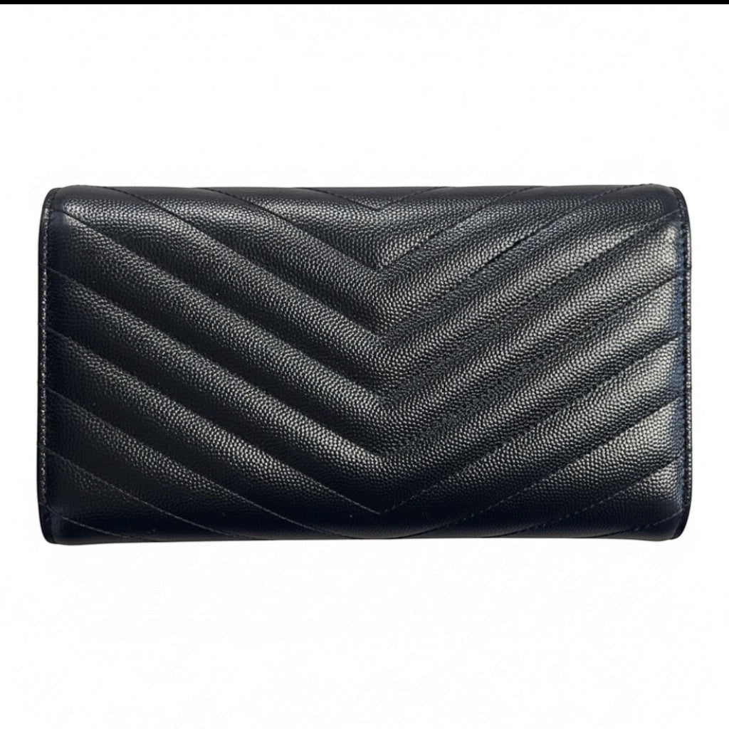 Posh Purse Co black chevron quilted leather envelope wallet with interlocking logo detail.
