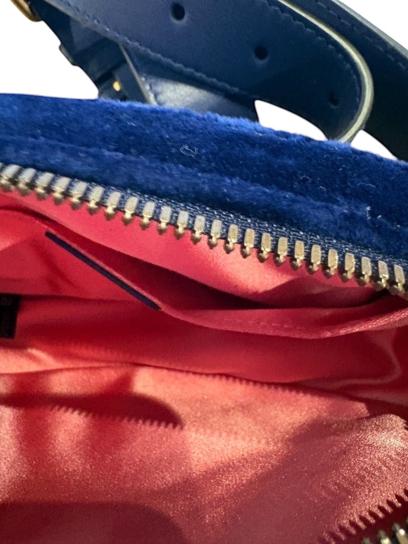 Posh Purse Co. blue velvet Gucci matelasse GG belt bag with pink satin lining and silver zipper.