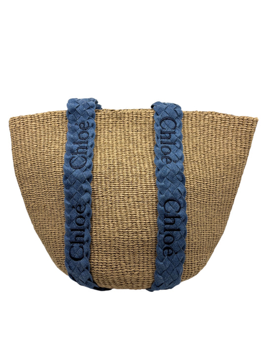 Posh Purse Co. Chloé Woody basket bag with natural woven straw body and blue braided canvas logo handles.