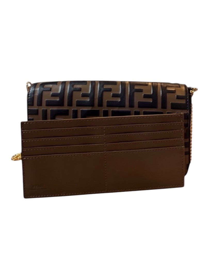 Posh Purse Co brown Fendi Vitello Soft FF embossed leather wallet on chain with card slots and gold chain.