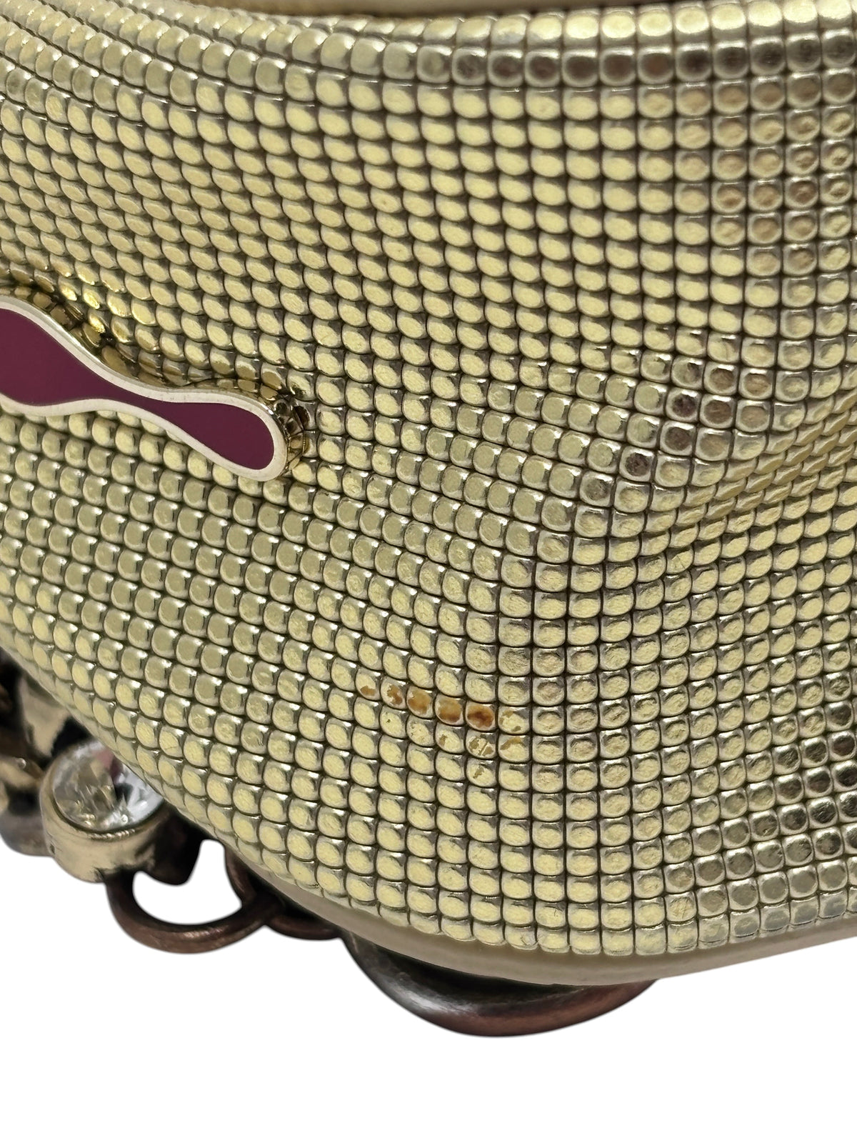 Posh Purse Co gold metallic mesh Christian Louboutin Sweet Charity backpack with signature red enamel hardware detail