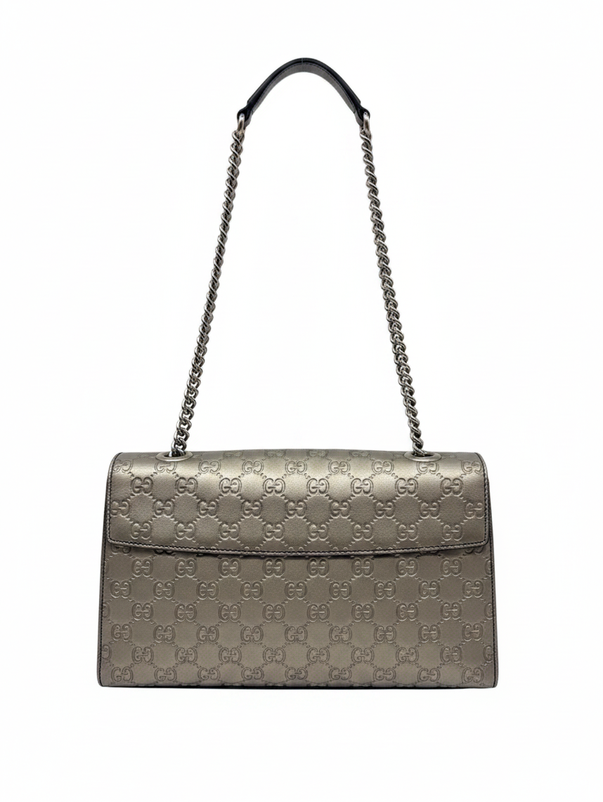 Posh Purse Co. Gucci Guccissima Emily shoulder bag in metallic leather with GG monogram and chain strap
