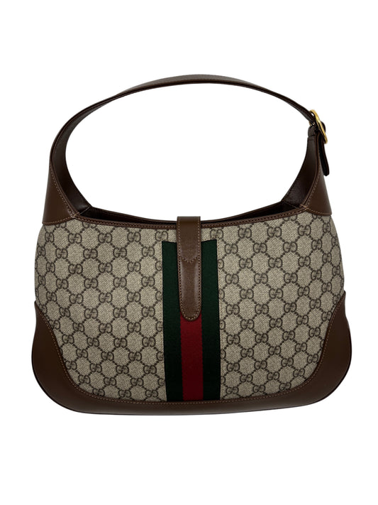 Posh Purse Co. preloved Gucci Jackie 1961 shoulder bag in beige GG Supreme canvas with brown leather and web stripe.