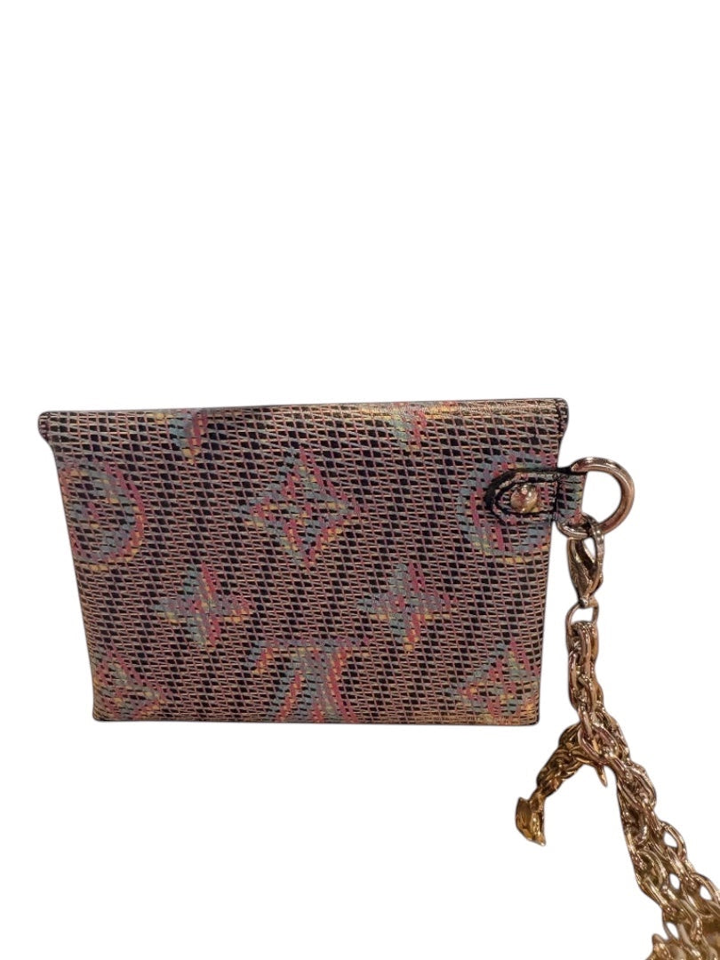 Posh Purse Co Louis Vuitton Kirigami Pouch with multicolor monogram pattern, gold-tone chain, and snap closure.