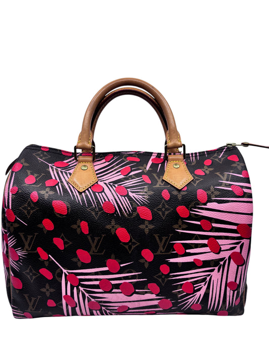 Posh Purse Co Louis Vuitton Speedy 30 Jungle Dots bag in monogram canvas with pink and poppy palm print and leather handles