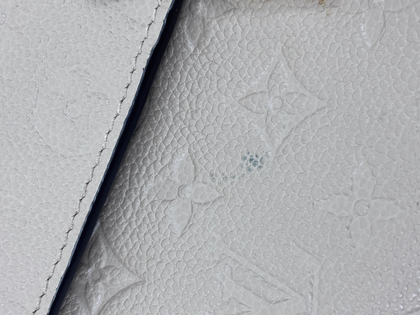 Close-up of Posh Purse Co preloved Louis Vuitton Pochette Metis in Turtledove beige embossed Monogram Empreinte leather
