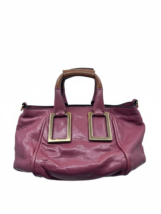 Posh Purse Co. preloved pink leather Chloé Ethel handbag with signature gold-tone hardware and brown top handles.