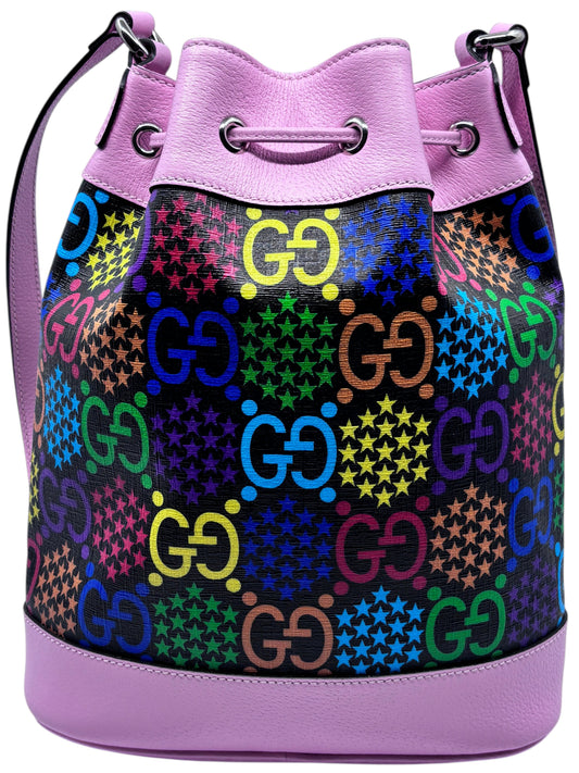 Posh Purse Co. pink Gucci GG Psychedelic bucket bag with vibrant monogram pattern and leather trim