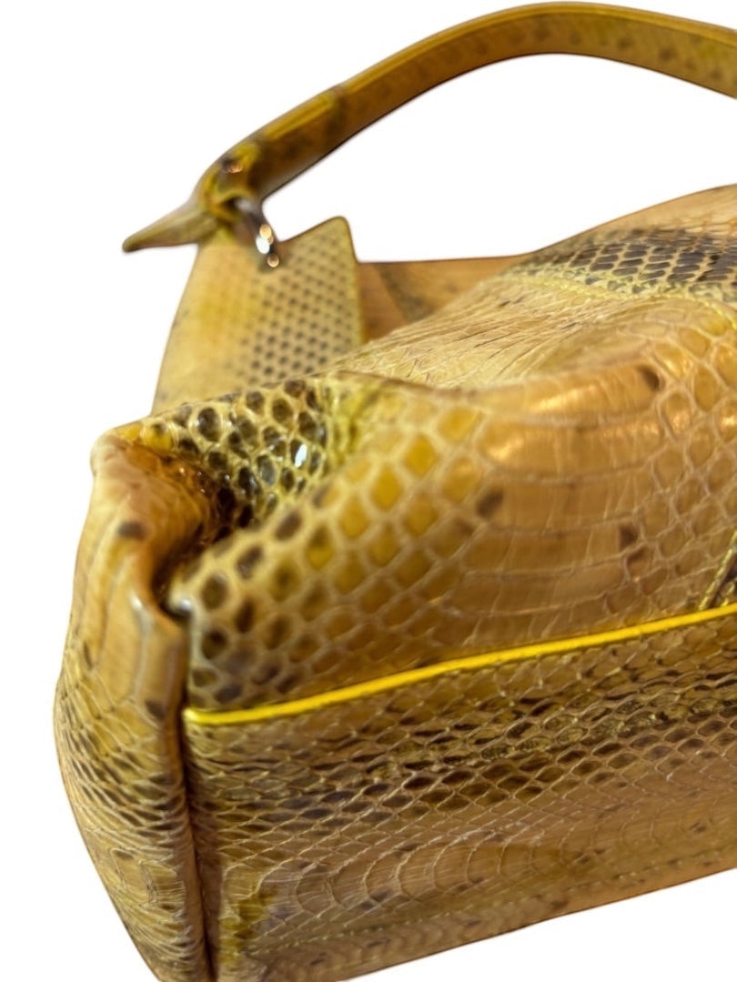 Posh Purse Co. Salvatore Ferragamo Marisa shoulder bag in tan and black python leather with gold hardware.