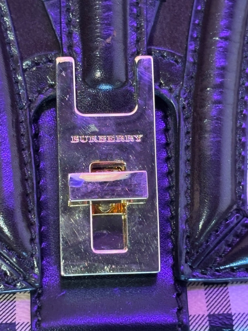 Posh Purse Co. Burberry black leather and canvas crossbody bag with gold hardware and iconic check pattern lining.