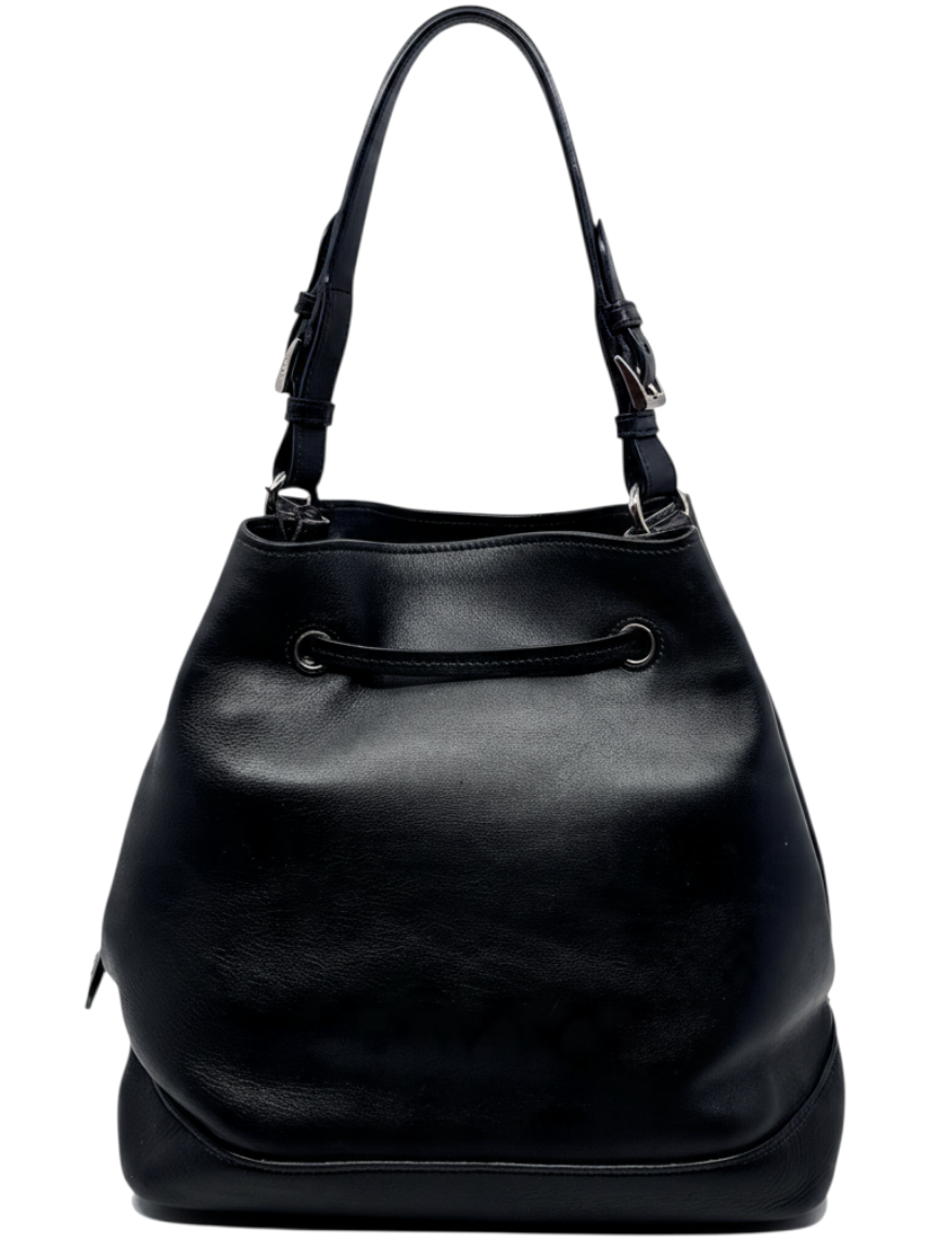 Posh Purse Co. black leather Prada bucket bag with drawstring closure and adjustable shoulder strap