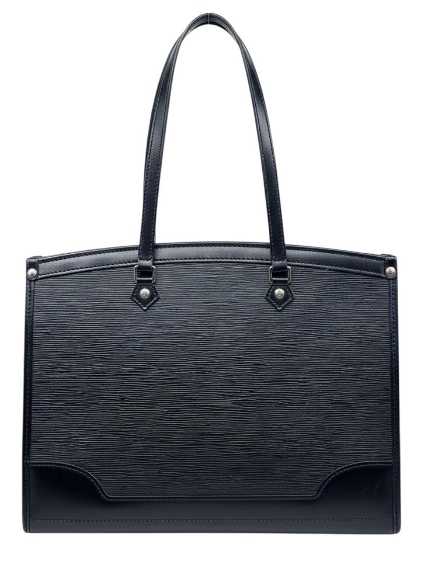 Posh Purse Co. black Louis Vuitton Epi leather Madeleine handbag with a structured silhouette and top handles.