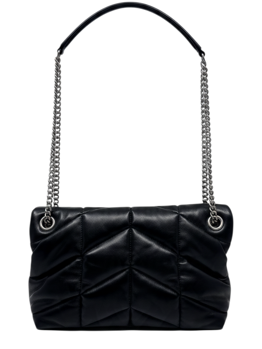 Posh Purse Co. black Saint Laurent Loulou Puffer bag in quilted leather with a sliding silver chain strap