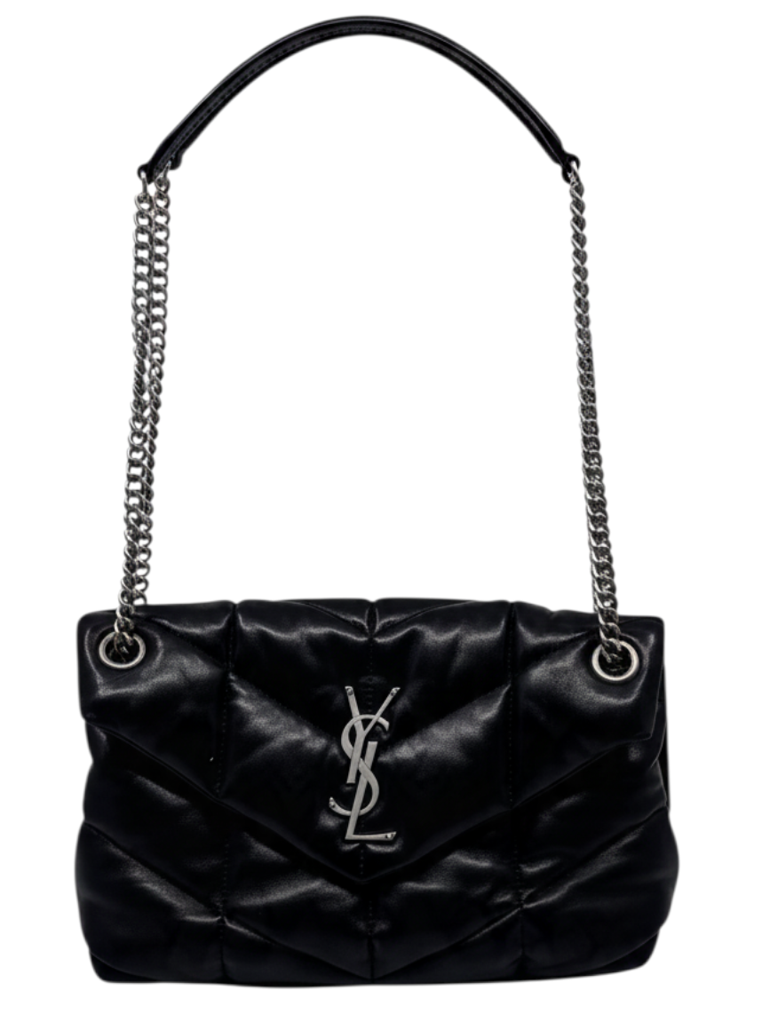Posh Purse Co. Saint Laurent Loulou Puffer bag in black quilted leather with silver YSL monogram and chain strap.