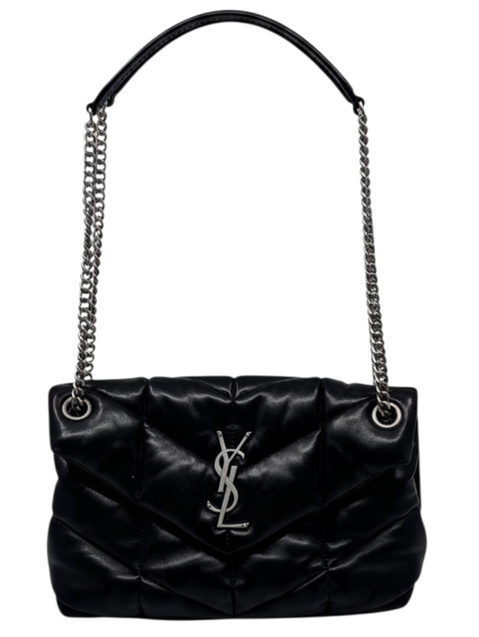 Posh Purse Co. Saint Laurent Loulou Puffer bag in black quilted leather with silver YSL monogram and chain strap.