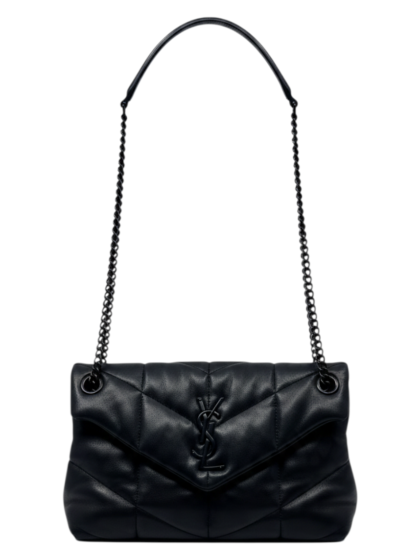 Posh Purse Co Saint Laurent LouLou Puffer shoulder bag in black quilted leather with matching black YSL logo hardware.