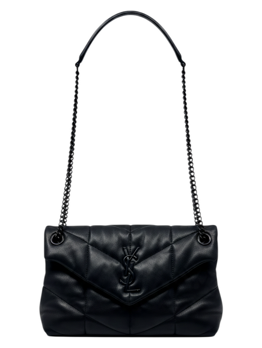 Posh Purse Co Saint Laurent LouLou Puffer shoulder bag in black quilted leather with matching black YSL logo hardware.