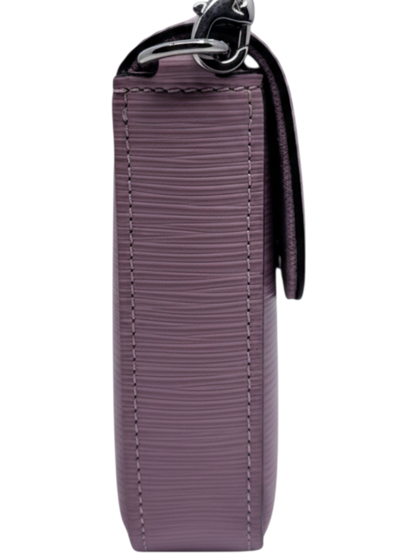 Side view of a pink Posh Purse Co Louis Vuitton Epi leather Pochette Felicie bag with silver hardware.