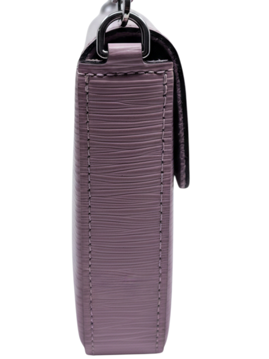 Side view of a pink Louis Vuitton Epi leather Pochette Felicie bag with silver chain strap from Posh Purse Co
