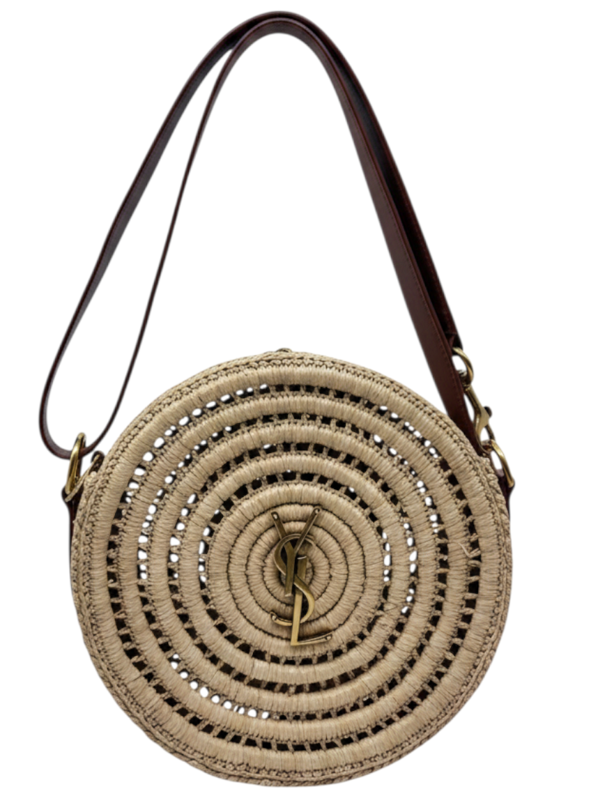 Posh Purse Co YSL round raffia crossbody bag with signature gold hardware and brown leather shoulder strap