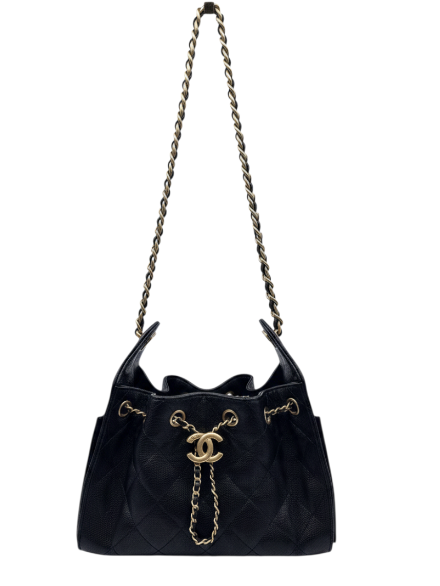 Posh Purse Co. Chanel 25 Mini Hobo bag in black quilted leather with gold-tone hardware and chain strap.