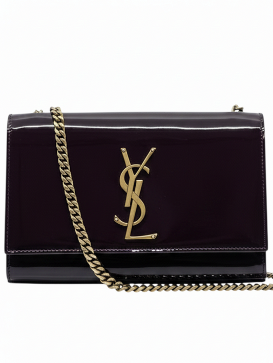 Posh Purse Co brown patent leather YSL Kate crossbody bag with gold-tone Cassandre logo and chain strap