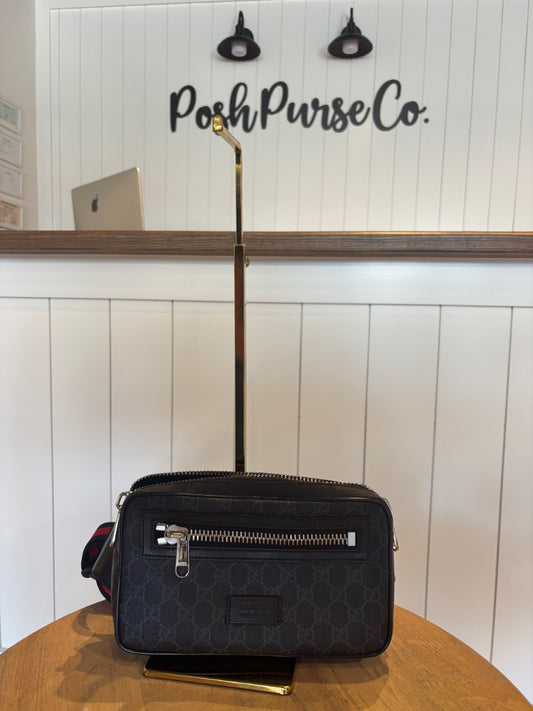 Black and Grey Gucci GG Supreme Monogram Belt Bag