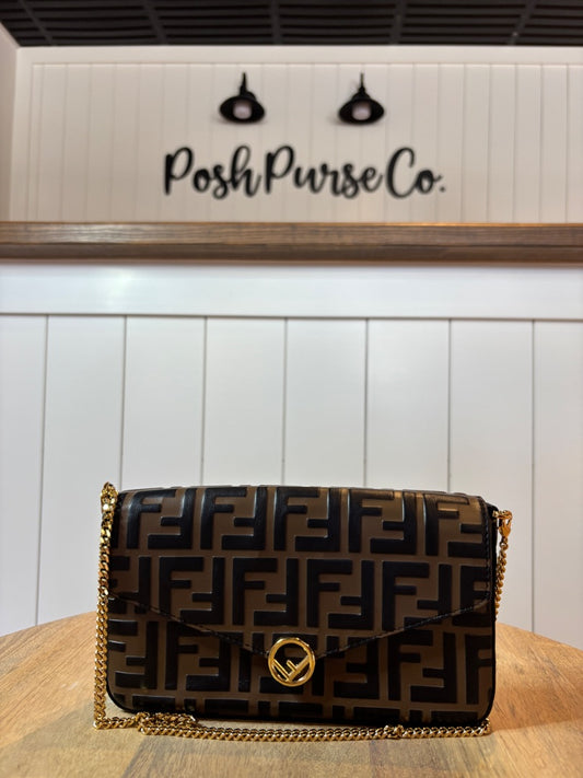Brown Fendi Vitello Soft  FF Embossed Wallet on Chain