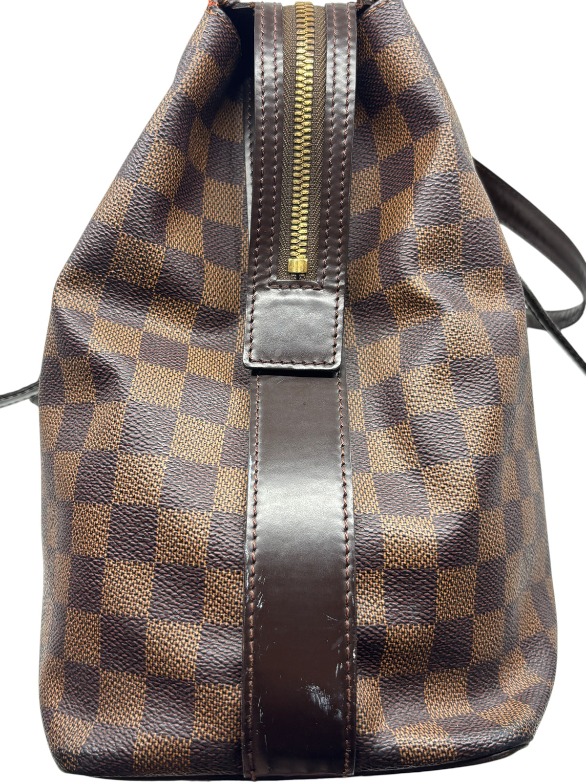 Posh Purse Co. Louis Vuitton Chelsea tote in Damier Ebene canvas with brown leather trim and gold zipper detail.