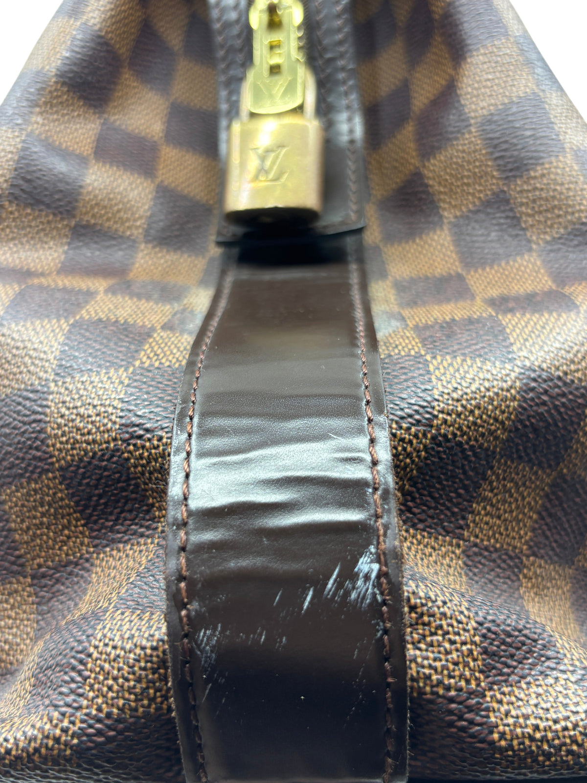 Posh Purse Co. Louis Vuitton Chelsea tote featuring Damier Ebene canvas, brown leather trim, and gold-tone padlock.
