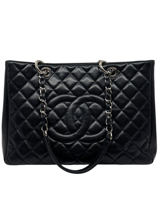 Posh Purse Co black Chanel Grand Shopping Tote in quilted caviar leather with silver-tone chain-link straps.
