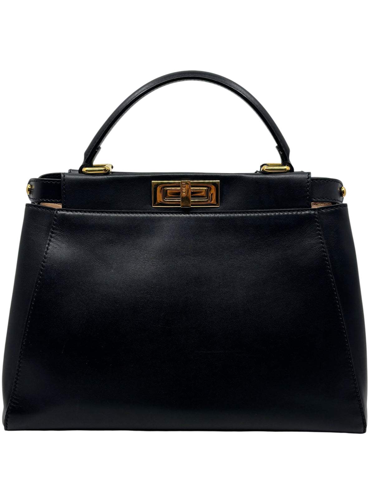 Posh Purse Co black leather Fendi Medium Peekaboo handbag with gold-tone turn-lock hardware and top handle