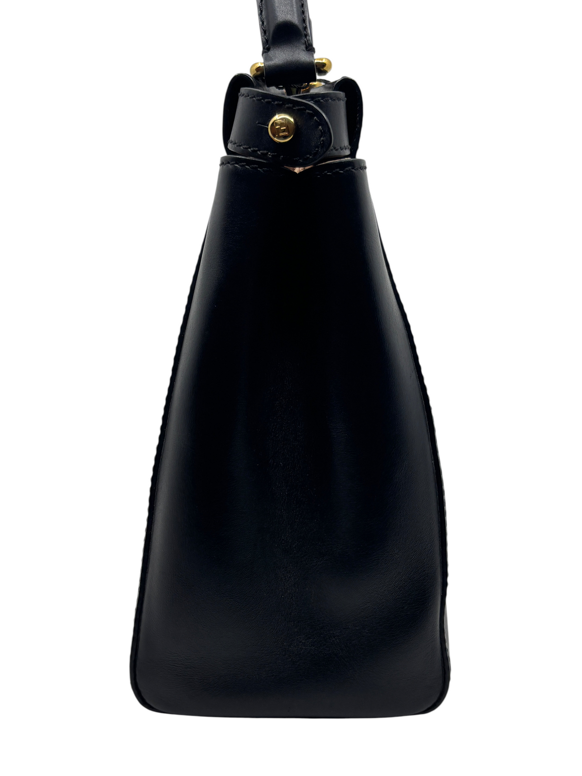 Posh Purse Co black leather Fendi Medium Peekaboo handbag side profile with gold turn-lock hardware