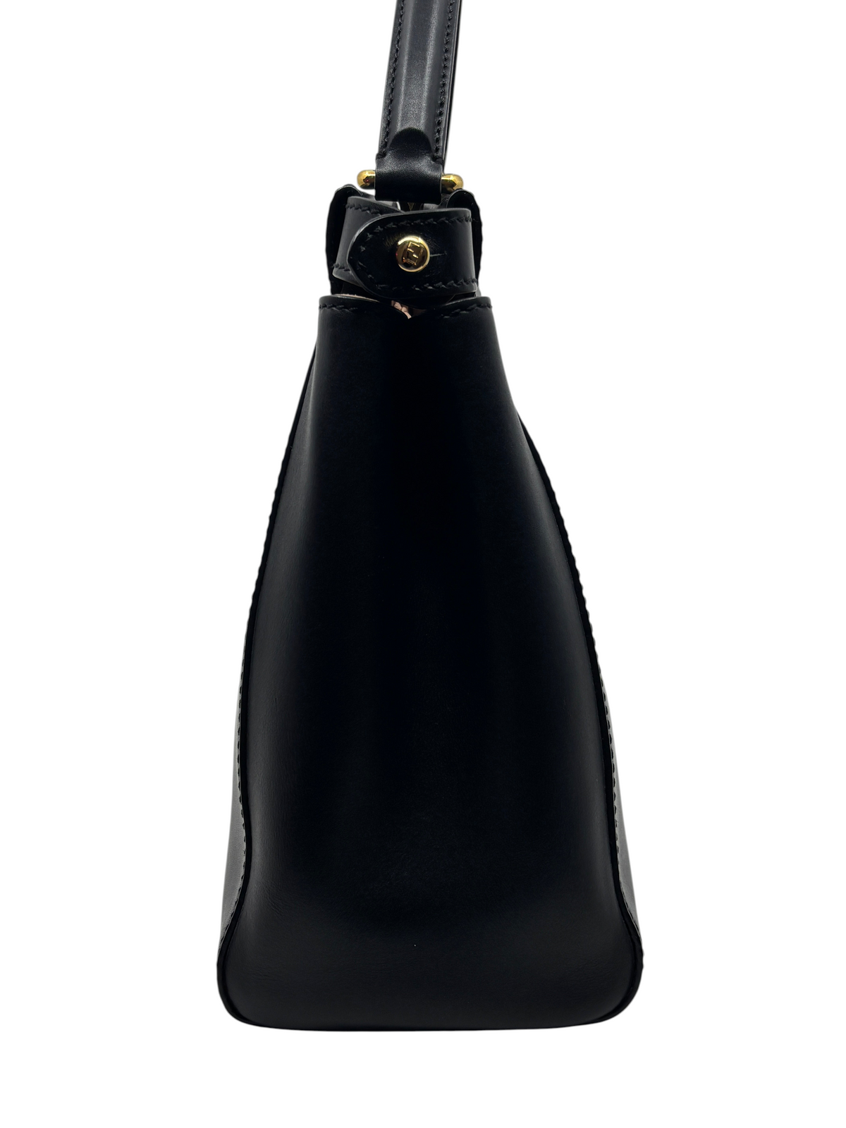 Posh Purse Co black Fendi Medium Peekaboo leather handbag side profile showing structured handle and gold hardware