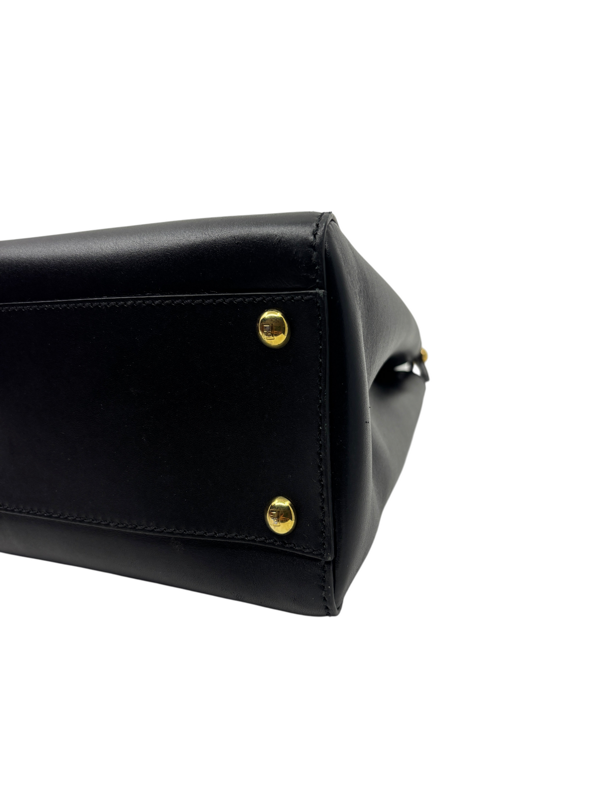 Posh Purse Co black leather Fendi Medium Peekaboo handbag base with gold-tone protective feet