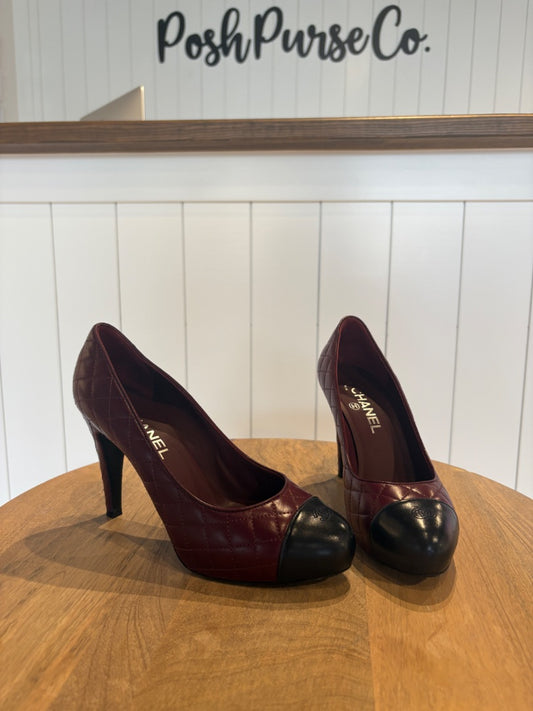 Burgundy Chanel Quilted Chanel Heels, 37.5