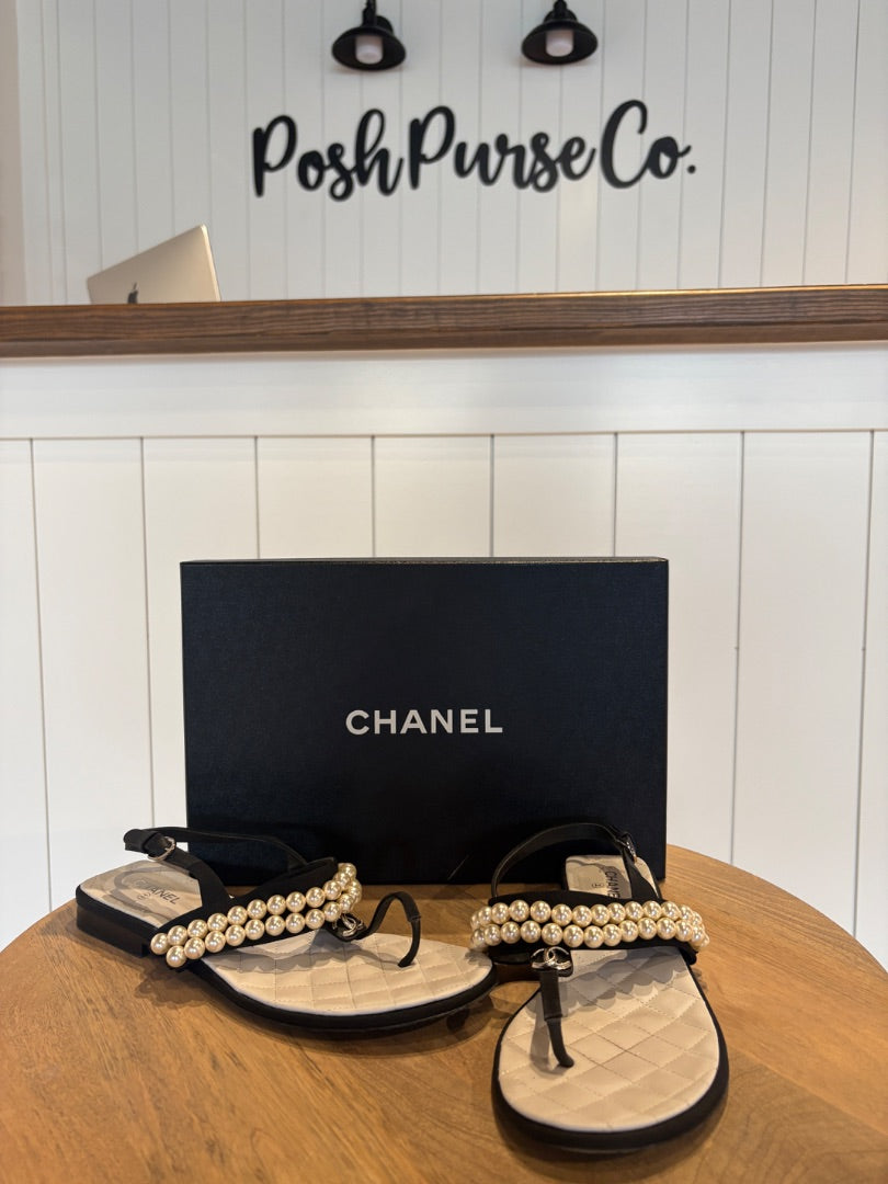 Black Chanel Pearl Sandals, 39