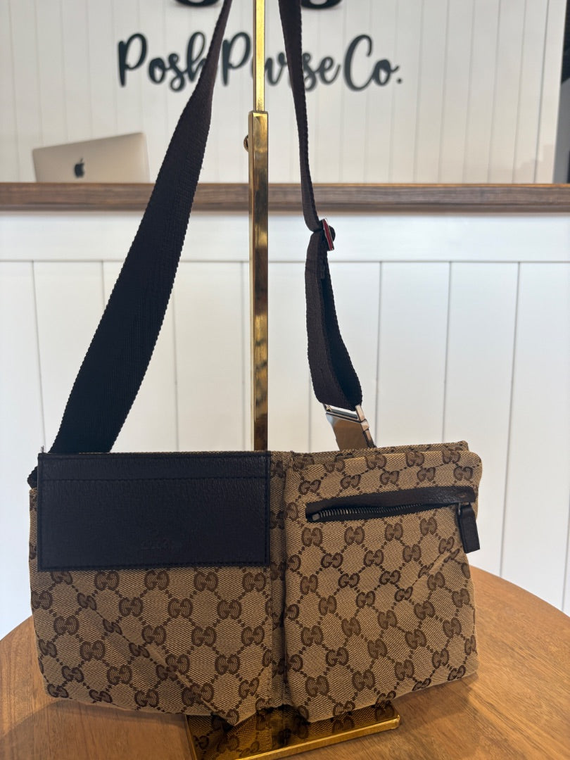 Monogram Gucci Belt Bag with Brown Strap