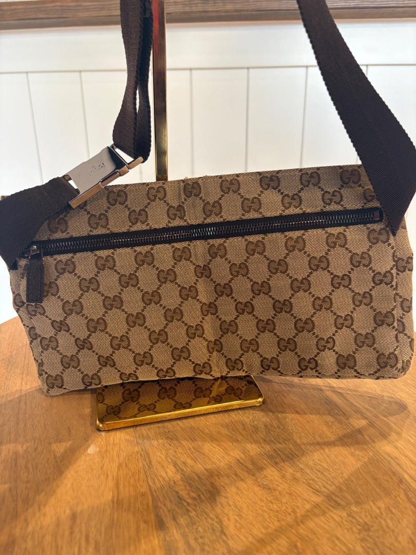 Monogram Gucci Belt Bag with Brown Strap
