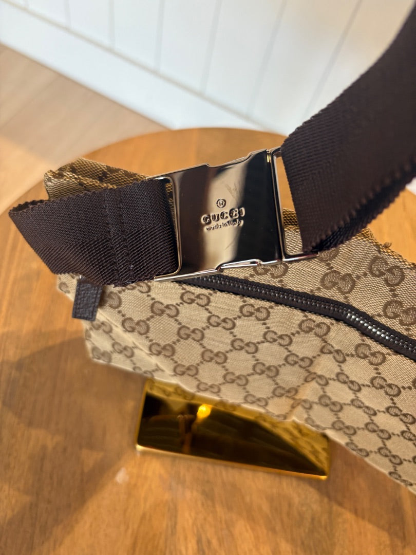 Monogram Gucci Belt Bag with Brown Strap