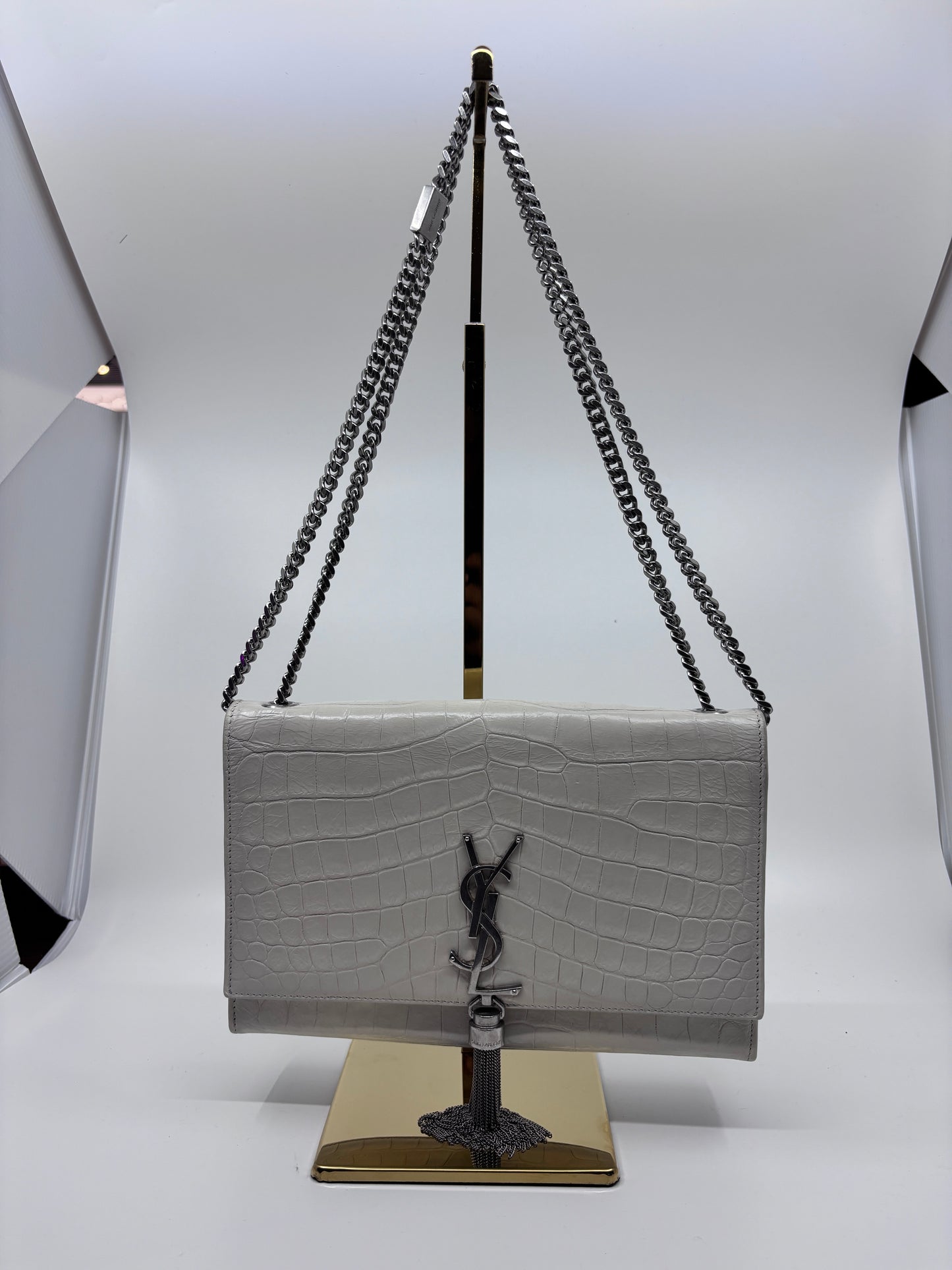 White YSL Croc Embossed Kate