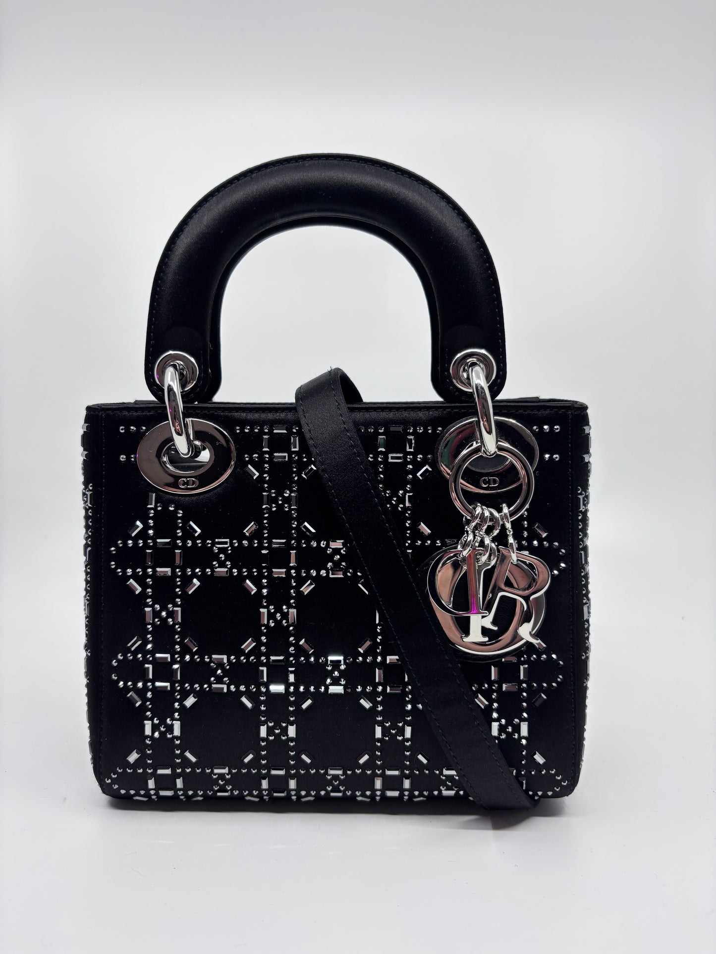 Satin Crystal Cannage Mini Lady Dior Black