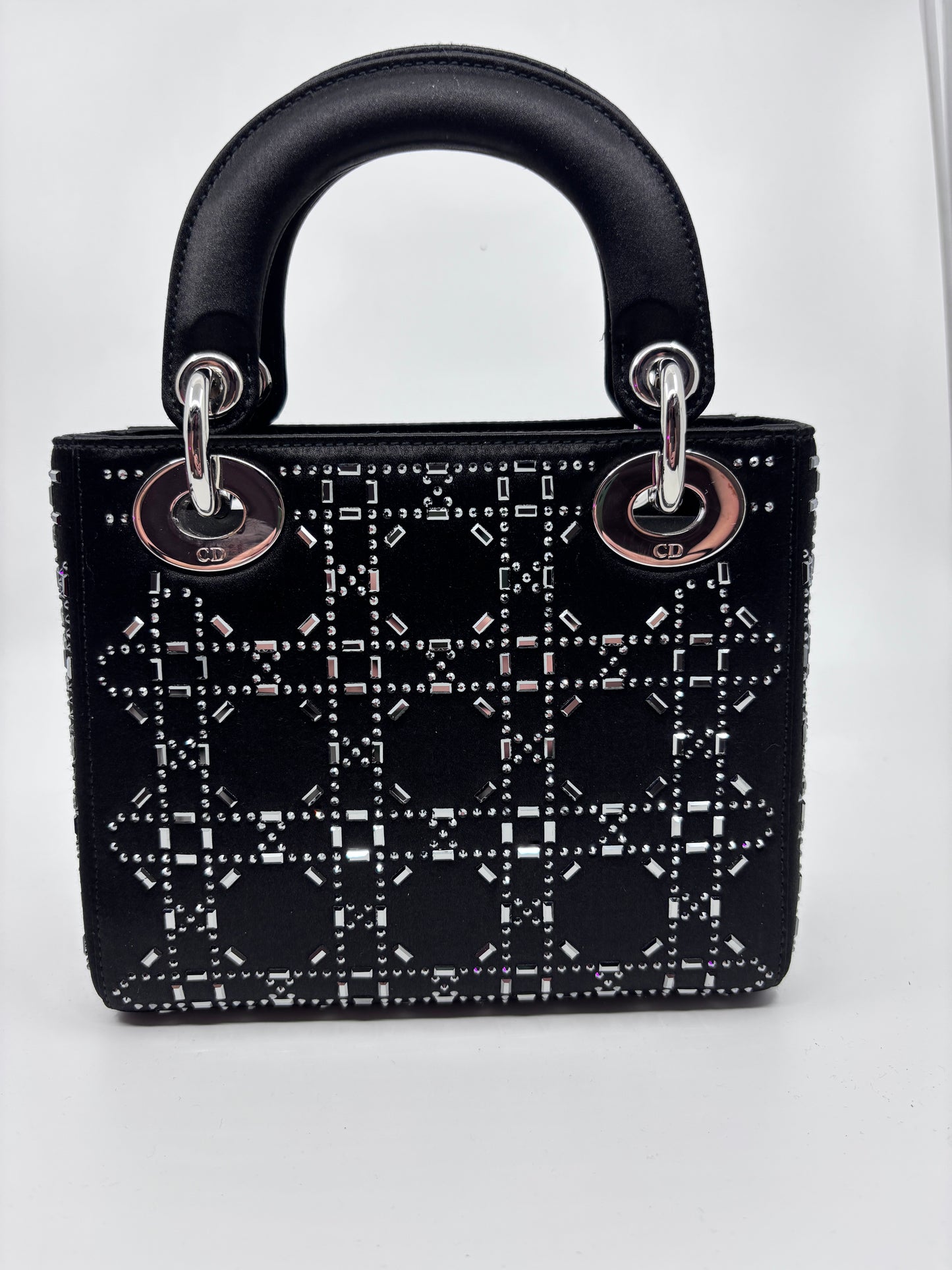 Satin Crystal Cannage Mini Lady Dior Black